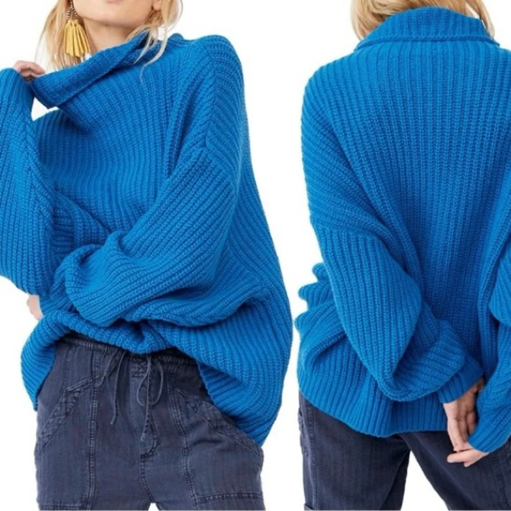 FREE PEOPLE Swim Too Deep Oversized Knit Turtleneck Sweater Mykonos Blue Size S - Picture 6 of 14